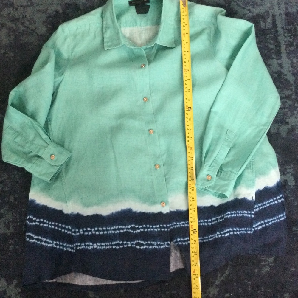 Donna Karan Shirt Large Linen Button Up Blues Teal Navy